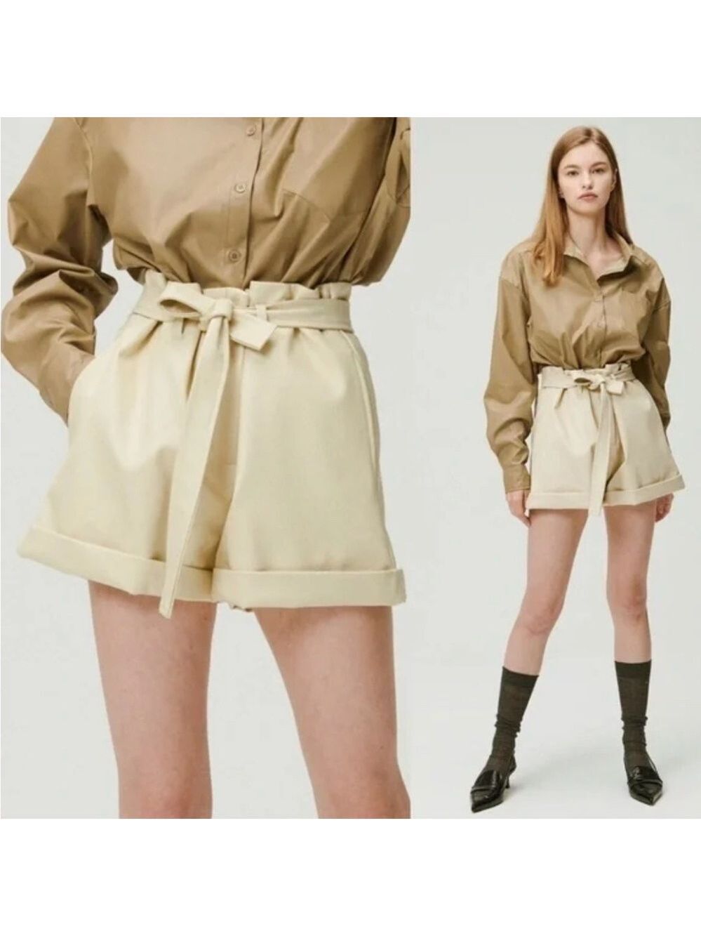 Storets Rachel Paperbag Pleather Vegan Leather Shorts in Cream